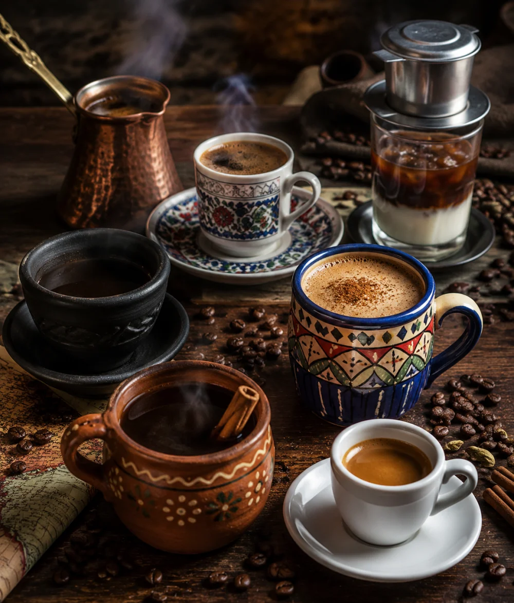 Una mesa desordenada de tradiciones cafeteras: un cezve de cobre, kahve turco en una taza de porcelana floral, un phin vietnamita goteando sobre hielo y leche condensada, una taza de barro oscuro, un café especiado en una taza pintada, una taza de terracota de café de olla mexicano con una rama de canela, y un espresso solo.